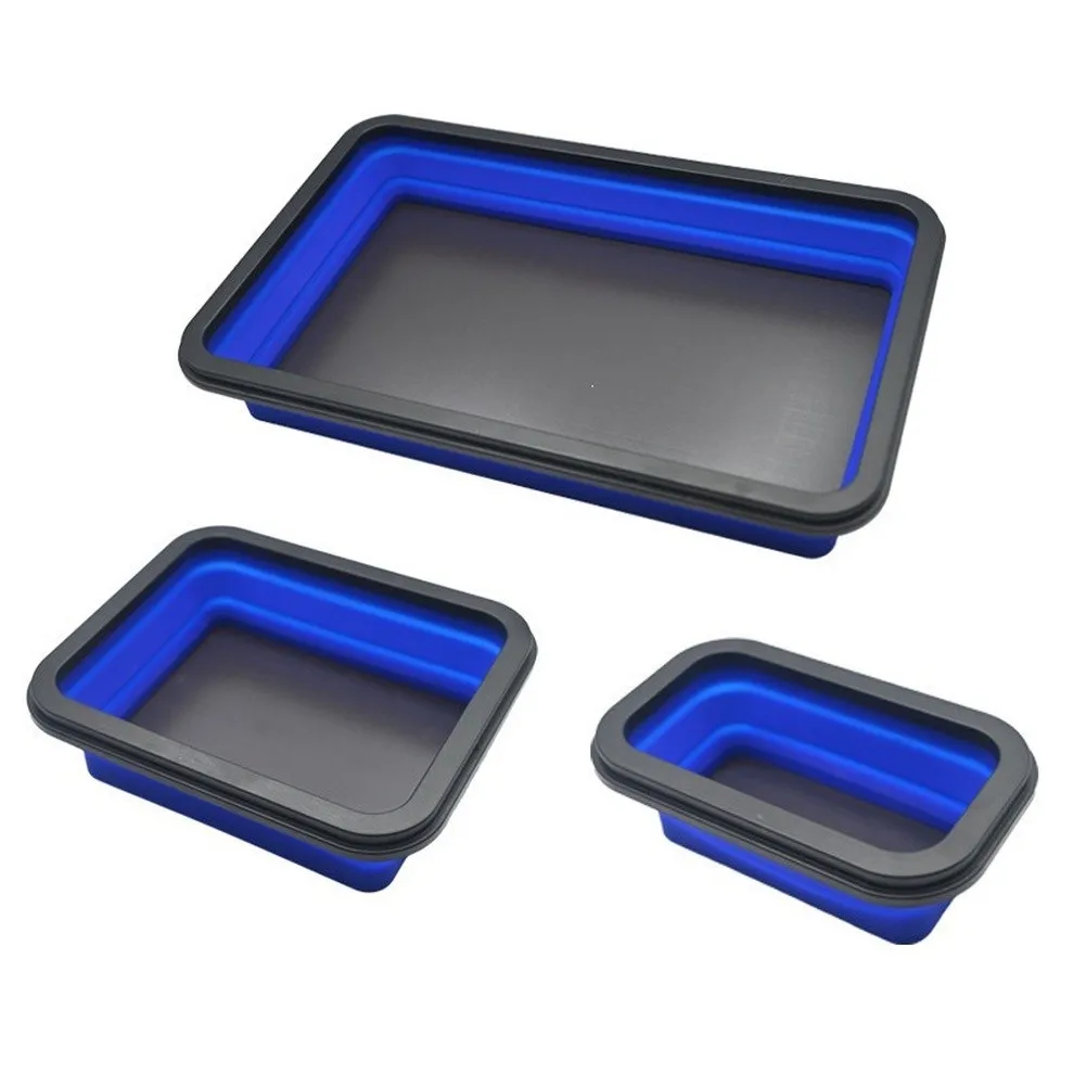 Silicone Based Magnetic Parts Tray with Foldable Frame and Non Slip Base for Secure Component Holding in Any Setting