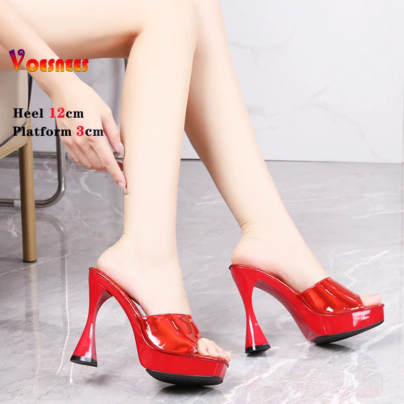 New 2024 Red Laser Club Platform Sandals Women Sexy Open Toe One Broadband Slip-On 12CM Thick High Heel Shoe Outdoor Slippers