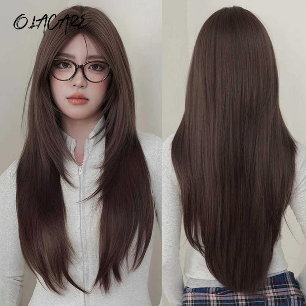 

Long Silky Straight Synthetic Middle-Parted bangs High-Layered Wigs With Bangs Brown Black Cosplay Party Lolita Hair Wigs LM