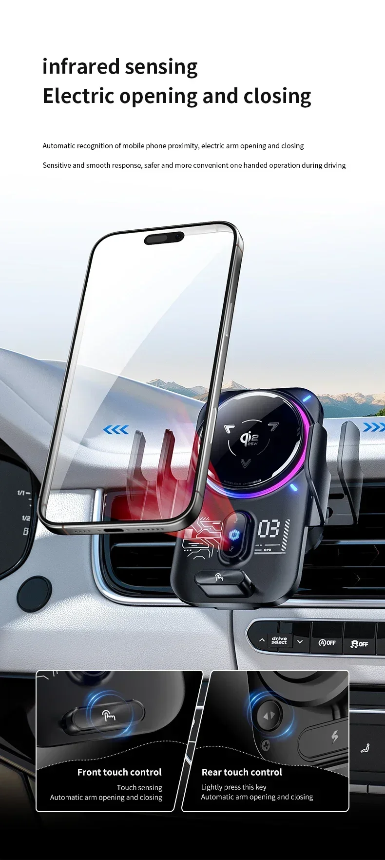 Magnetische & ICE-Kühlung RGB-Licht Qi2 25W Kabellose Ladestation Auto-Handyhalterung mit Induktion für iPhone 17 16 Samsung S26 S25 Ultra – Detail 6