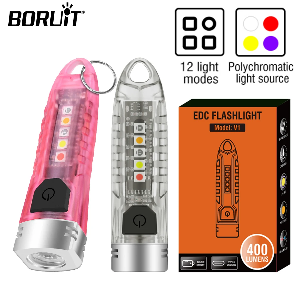 BORUiT V1 Keychain Flashlight Type-C Rechargeable Torch PINK Portable Mini Work UV Light Waterproof Pocket Camping Lantern