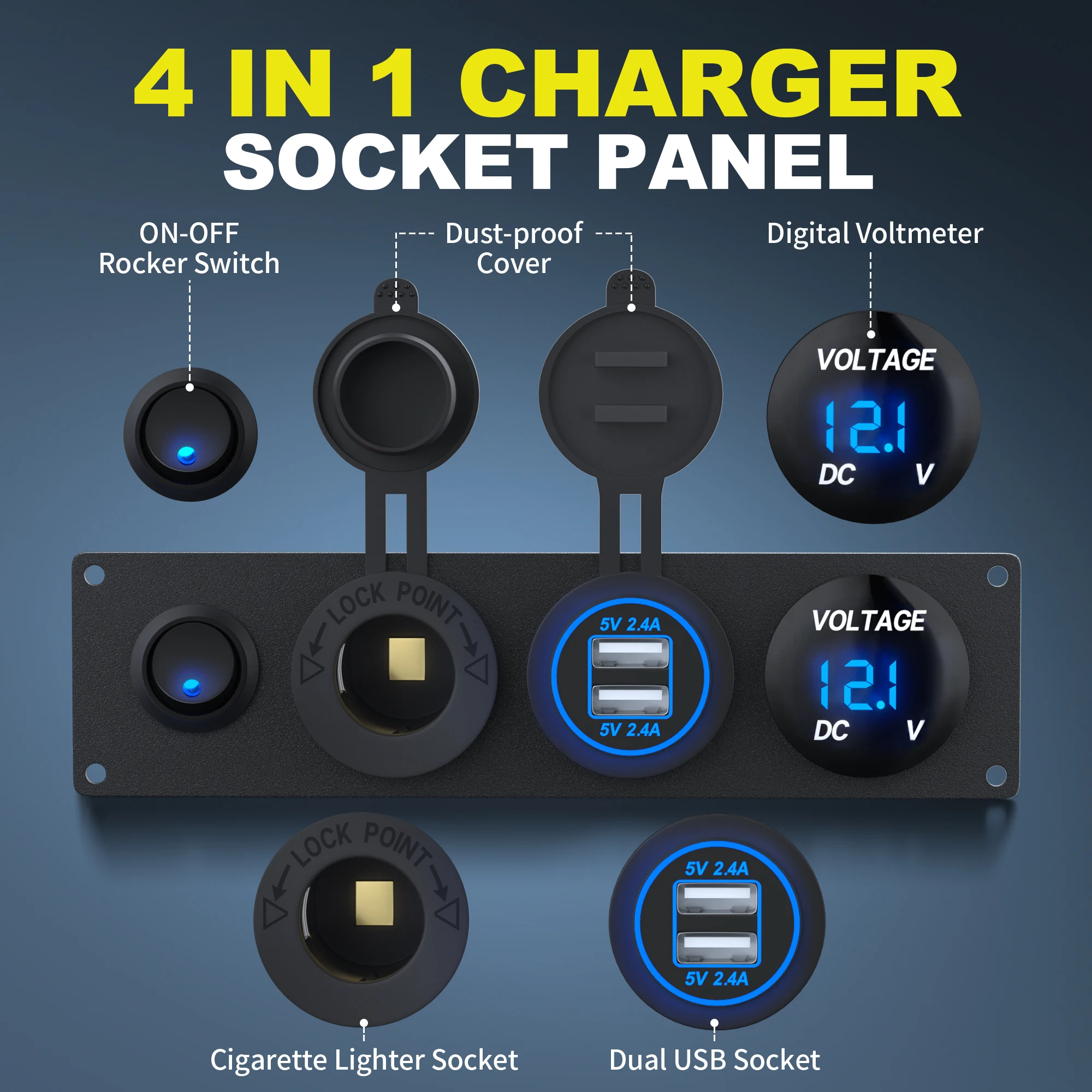 DaierTek 4 in 1 ON/OFF Charger Socket Panel Dual USB Socket Power Outlet & LED Voltmeter &Cigarette Lighter Socket& LED Switch