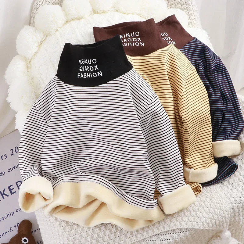 

New Autumn Winter Baby Boys Girls Thicken Striped Long Sleeve T-shirt Tops Kids Children's Turtleneck Soft Warm Bottoming Shirt