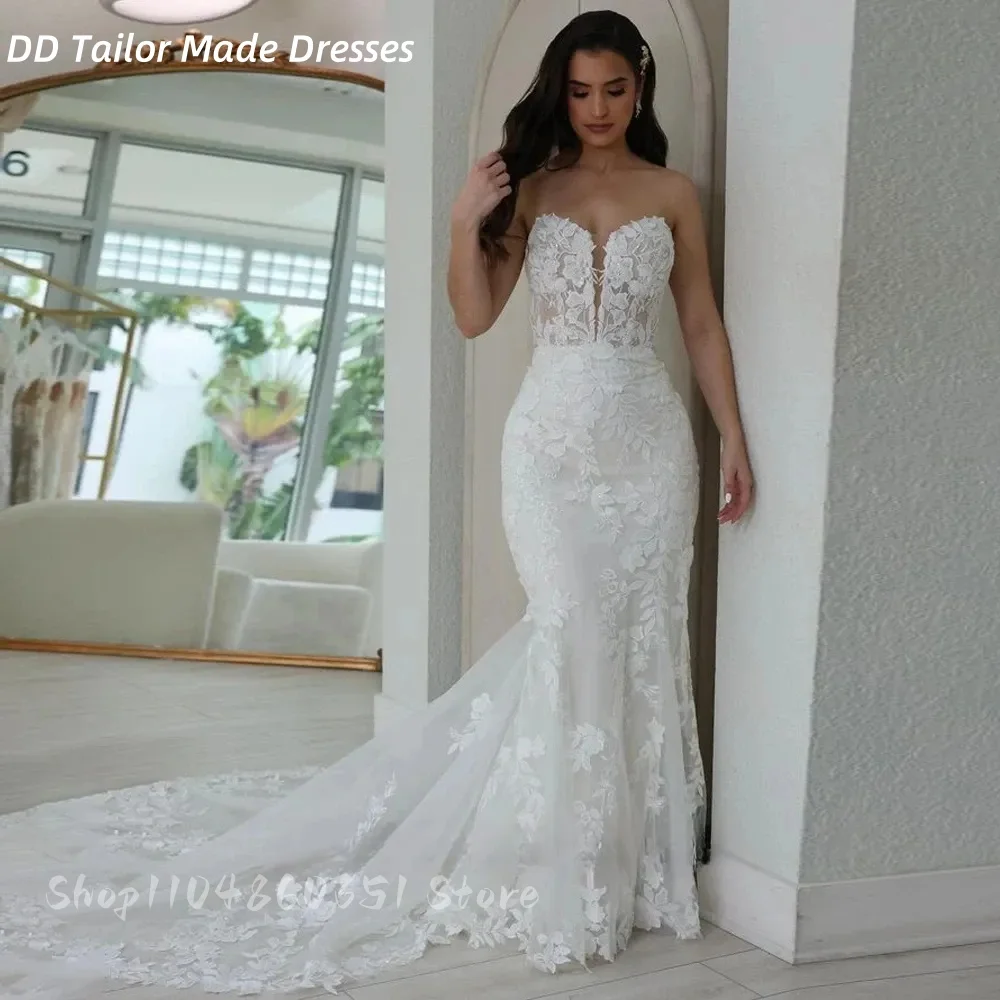 

Classic Strapless Sweetheart Wedding Dress Lace Appliques Mermaid Boho Bride Gown Lacing Up Customized Vestidos De Novia