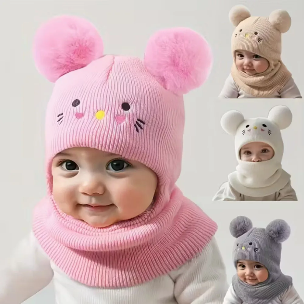 

0-3Y Kids Balaclava Toddler Beanie Double Balls Baby Cat Stretchy New Born Girls Boys Beanies Winter Hats for Cold Weather Gear