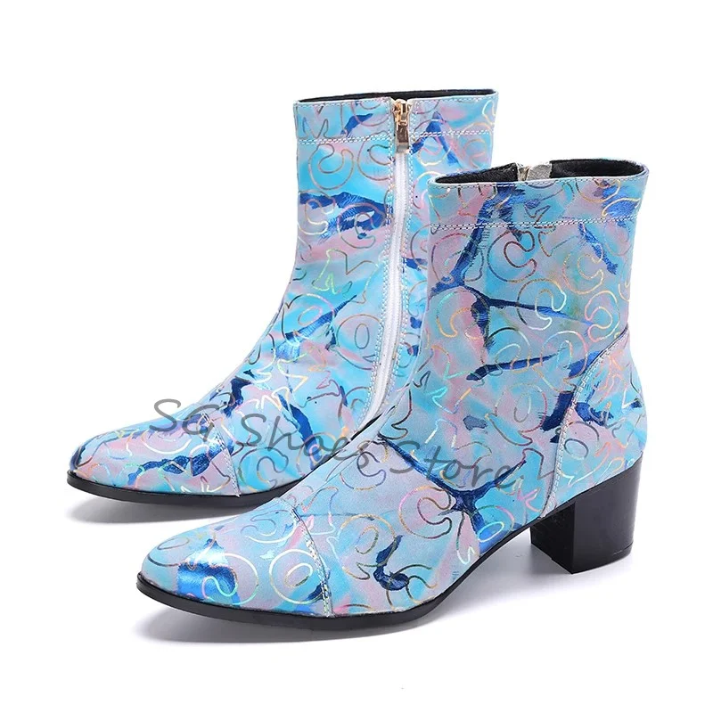 Handmade Genuine Leather Zipper Chelsea Boots Male Party Dress Hight Heel Ankle Boots Mixed Color Graffiti Ankle Boots for Men