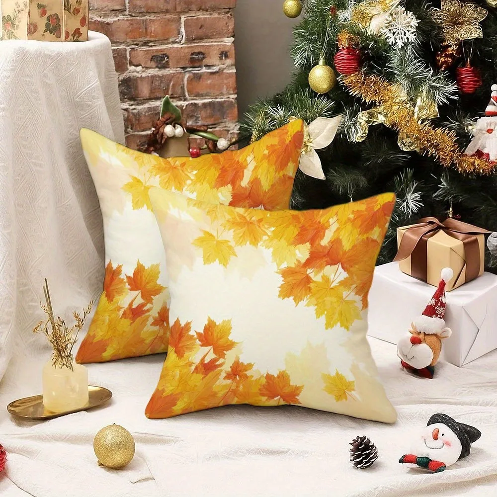 2pcs Autumn Maple Leaf Pillow Covers - Golden-Yellow Fall Decor Cushion Cases, Zipper Closure, 18x18 Inch Square Pillow