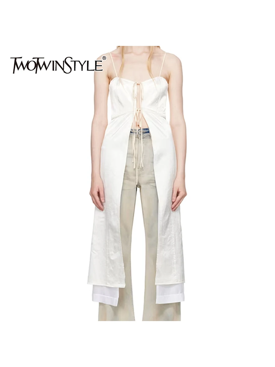

TWOTWINSTYLE Solid Slimming Spliced Lace Up Fashion Vsts for Women Square Neck Sleeveless Hollow Out Vest Female Clothing New