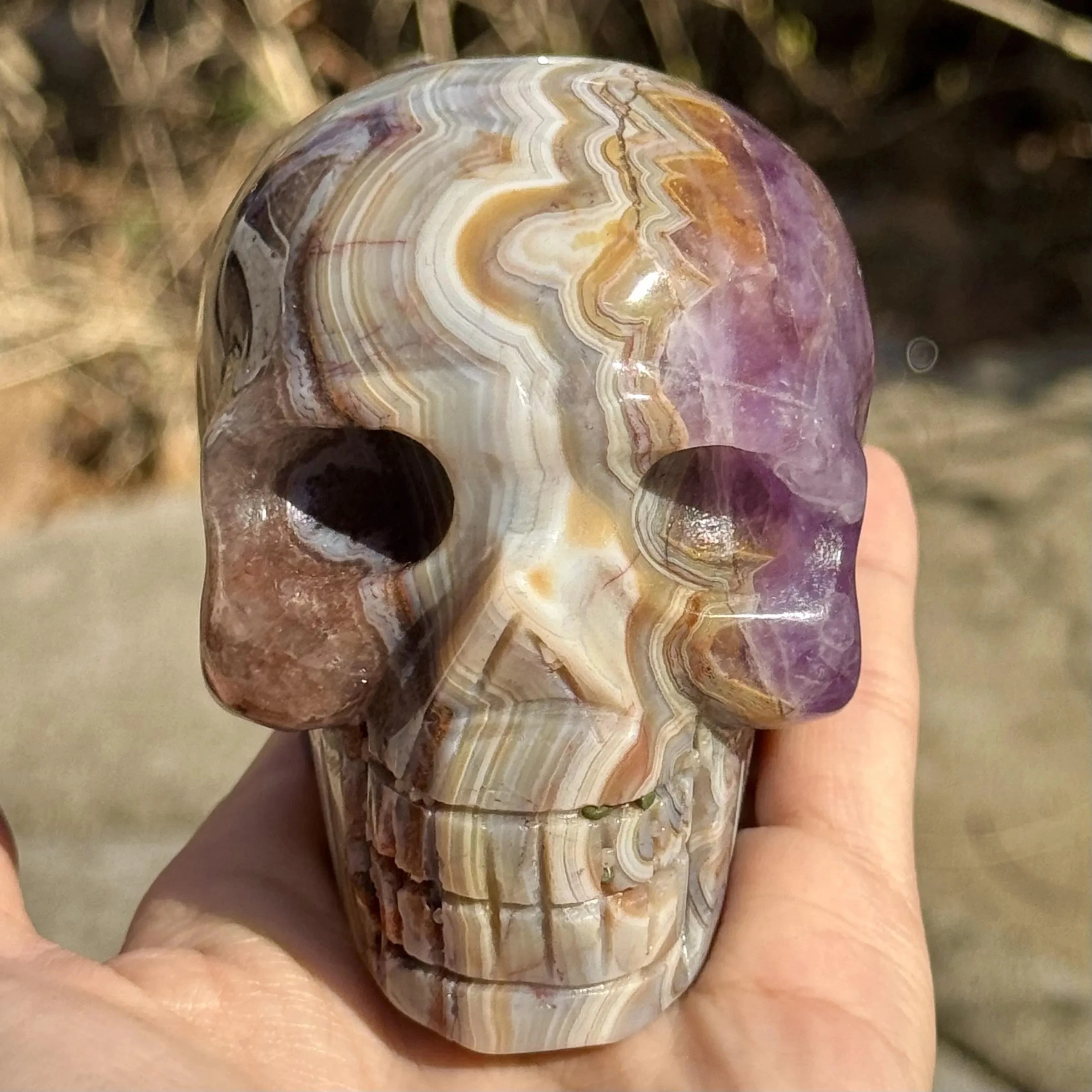 

1pc Amethyst Agate Skull Carving - Hand-Carved Quartz Crystal, Natural Mineral Specimen for Home Decor & Crystal Gifts