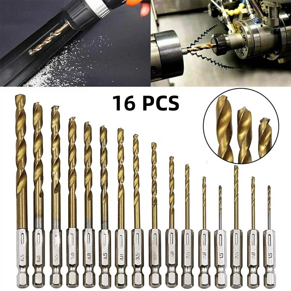 Juego de brocas HSS con revestimiento de titanio, 16 Uds., 1,5mm-6,5mm, vástago hexagonal de 1/4 pulgadas, broca helicoidal de acero de alta velocidad para Metal, madera y plástico