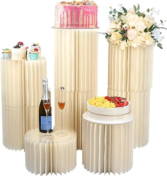 

Foldable Paper Columns Display Stand,Cream White Wedding Centerpieces,Cylinder Stand for Engagement Birthday Party Decoration