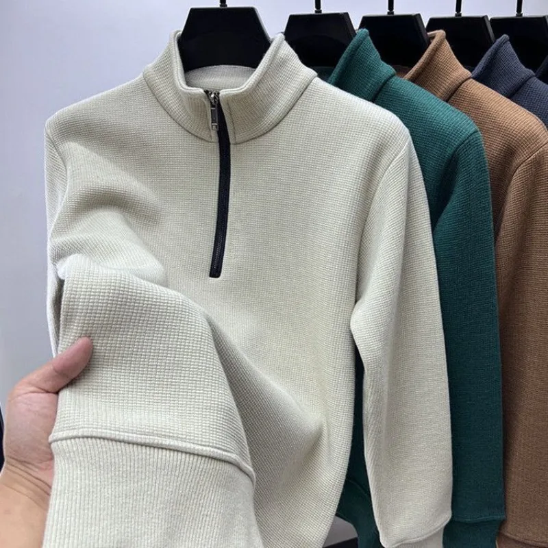 Men Clothing Mens Sweatshirt Stand Neck Half Zip Thicker Waffle Cotton High-quality Hoodie Autumn Winter Basic Tops Pullover