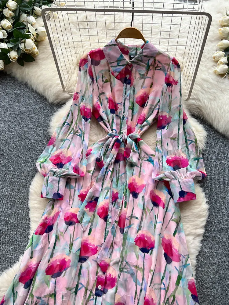 กระโปรงทรงเอเอวสูงลายดอกไม้พิมพ์ลาย Ele รุ่นใหม่ประจำฤดูใบไม้ร่วงปี 2025 กระดุมเดี่ยว ผ้าเดรสยาว ผูกเอว