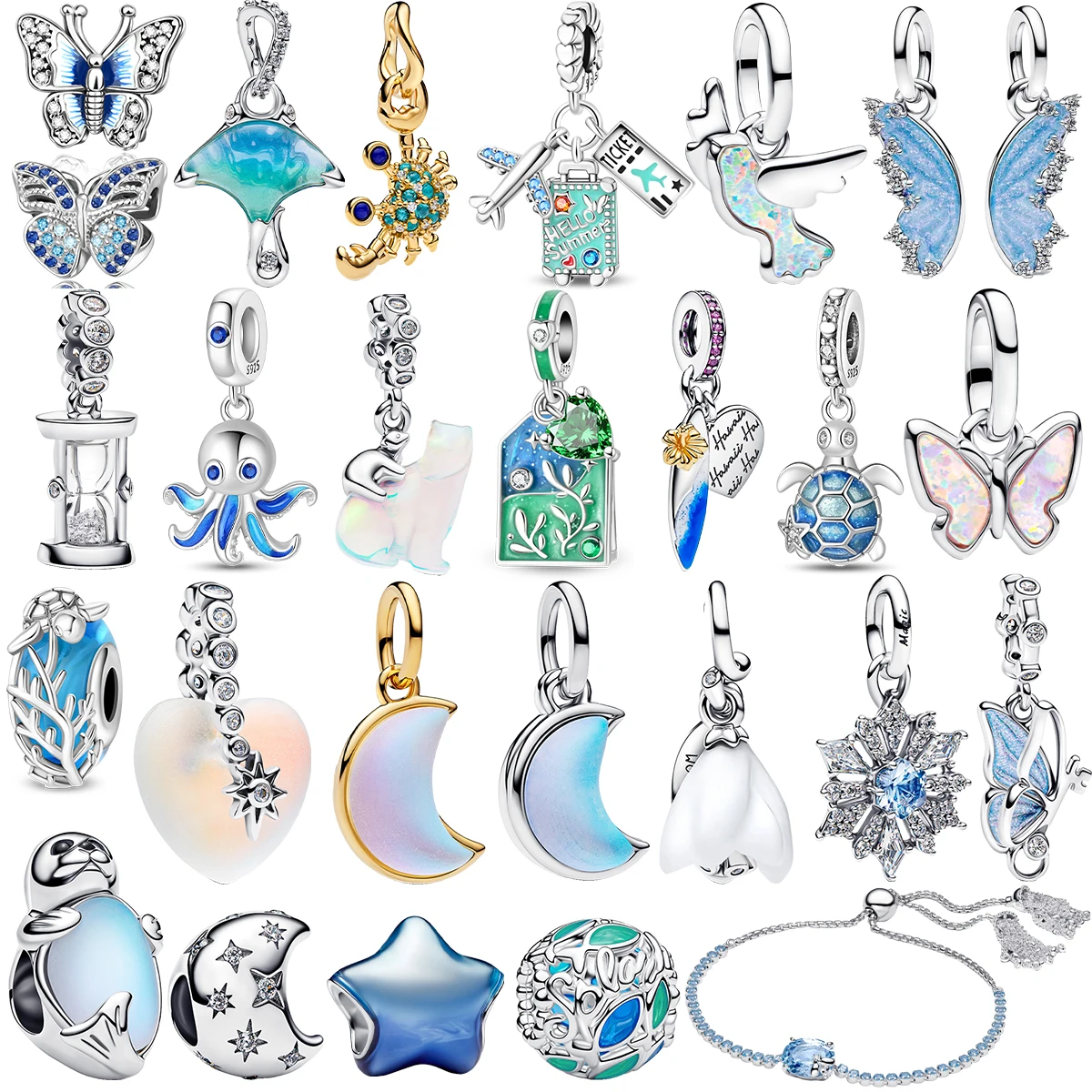 Original 925 Sterling Silver Charms Fish Butterfly Moon Star