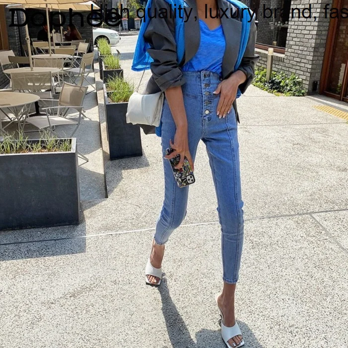 Stretch Elegant Single-Breasted High Waist Jeans 2023 Korean Chic Skinny Pencil Trousers Female Denim Pants Vintage Streetwear