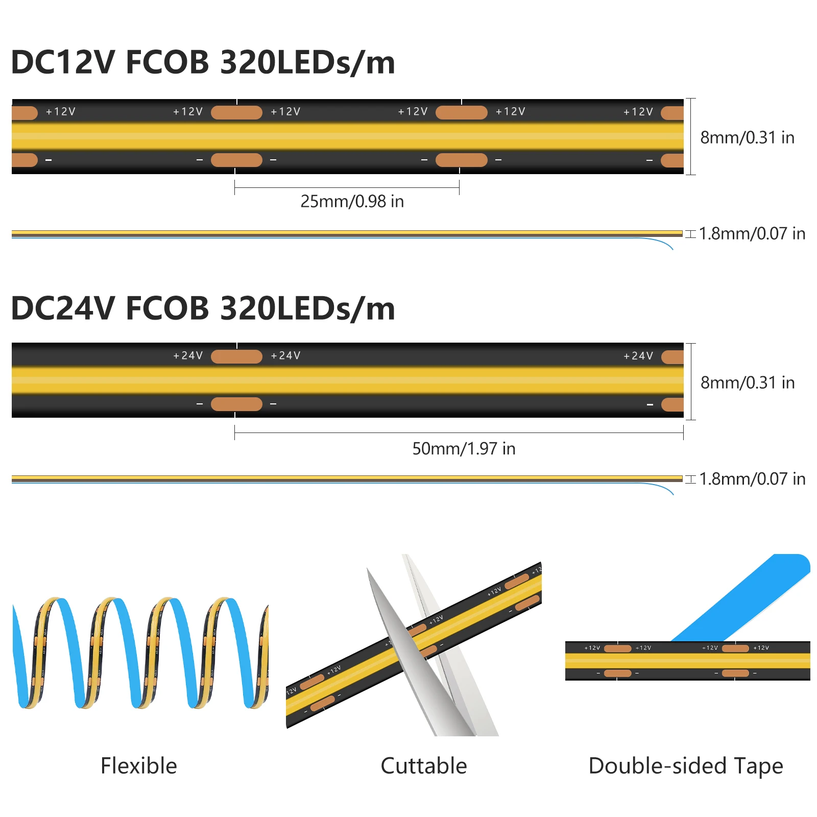 Striscia LED COB 12V 24V RA90 Ad alta densità 320LED/m Nastro flessibile 8mm PCB nero Barra luminosa morbida Bianco naturale caldo per la decorazione domestica