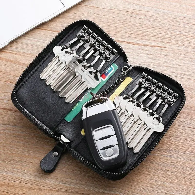 

1pcs Cowhide car key bag, large capacity zipper bag, waist hanging key bag, trendy card bag, driver's license bag