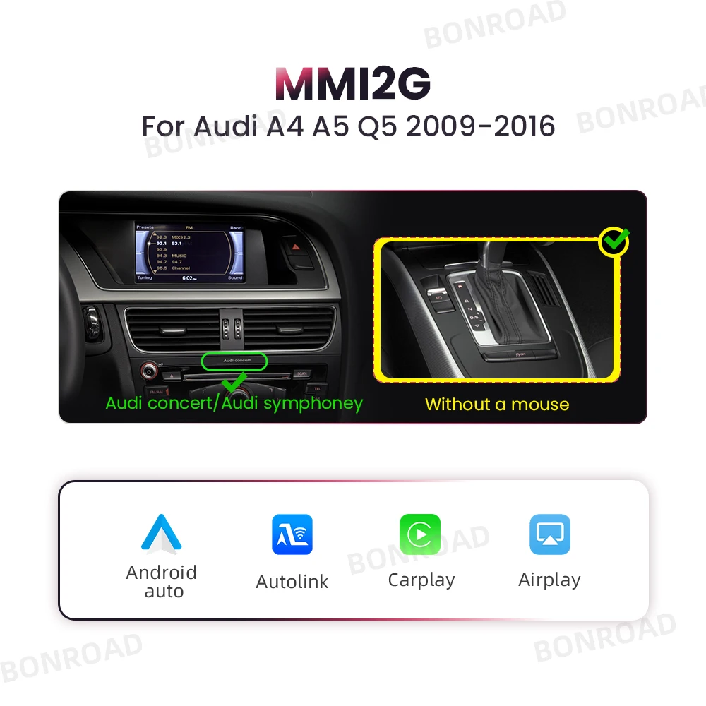 BONROAD Drahtloses CarPlay-Schnittstellenmodul für Audi A6 A7 A4 A5 Q3 A1 Q5 mit Android Auto Mirror Link AirPlay Bluetooth