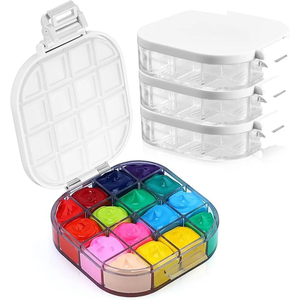 [NOT INCLUDE PIGMENT] 1/4 Pcs Airtight Paint Storage Palette Box with Lid Portable 16 Well Palette Box Palette for Watercolor