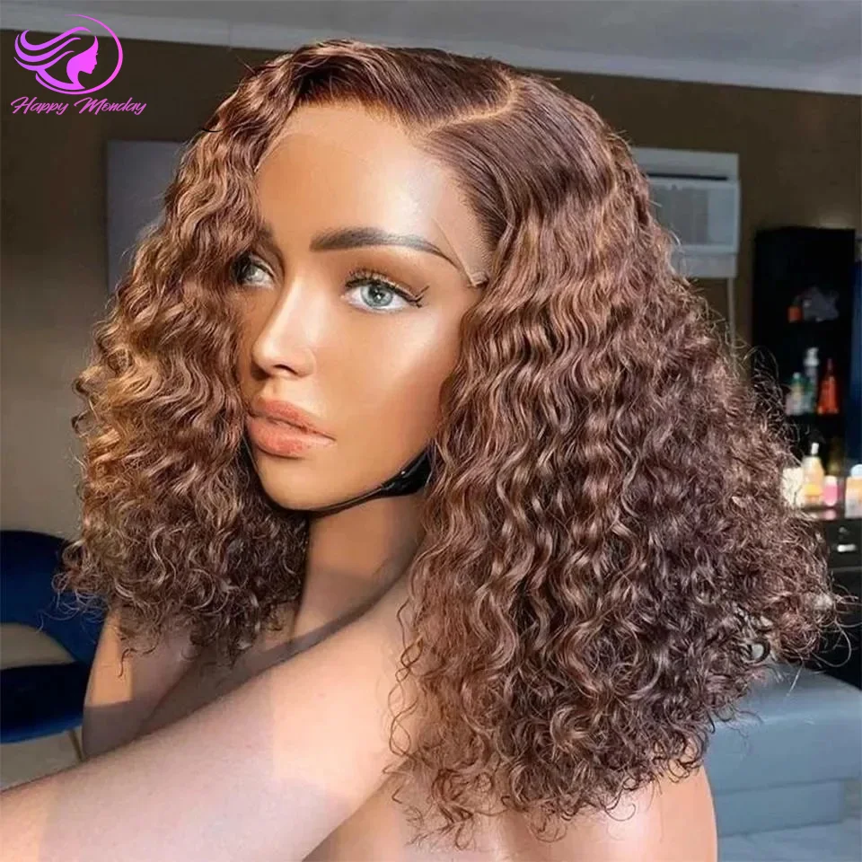 Brazylijskie peruki z głębokimi kręconymi włosami w kolorze brązowym 4HD Lace Front Free Part Transparent 100% Remy Hair Wig Deep Wave For Black