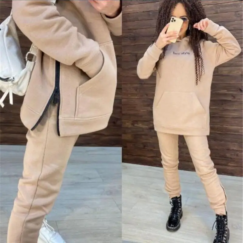 

Long Sved Sports Hooded Two-Piece Set Women's Faion Street Sle Winter Outfit Long Sve Long Pants Printed Design