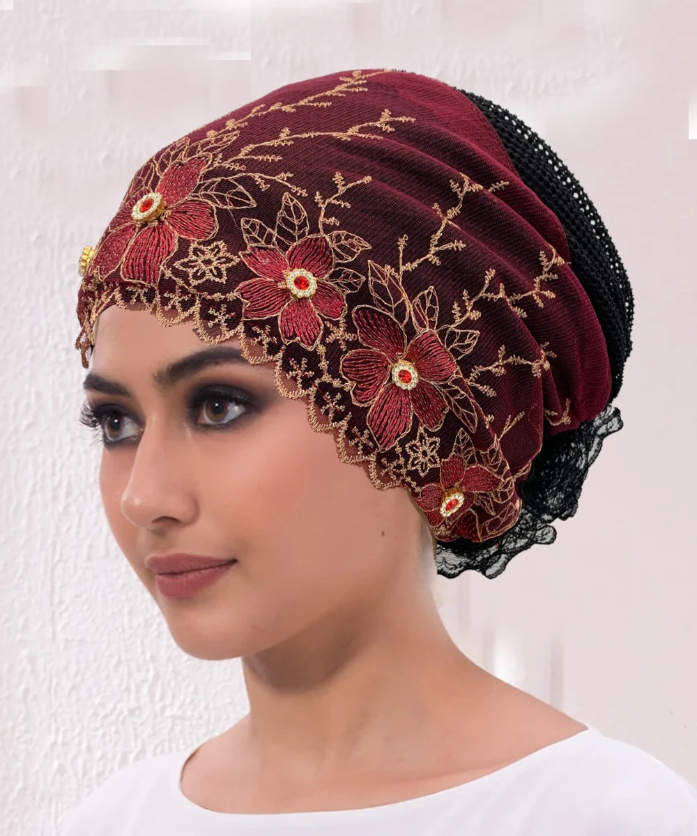 Rhinestone Embroidery Women Head Turban Muslim Female Hat Cancer Chemo Cap African Head Wraps Bonnet