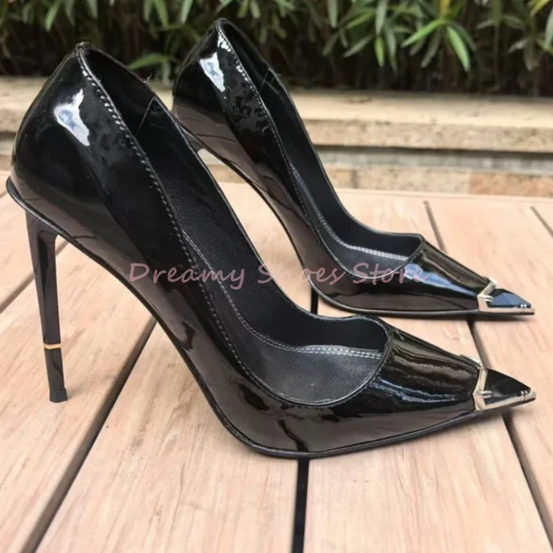 أسود ديكور معدني أشار تو خنجر مضخات المرأة مثير براءات الاختراع والجلود الانزلاق على عالية الكعب موضة فاخرة أحذية المنصة الحفلات #3