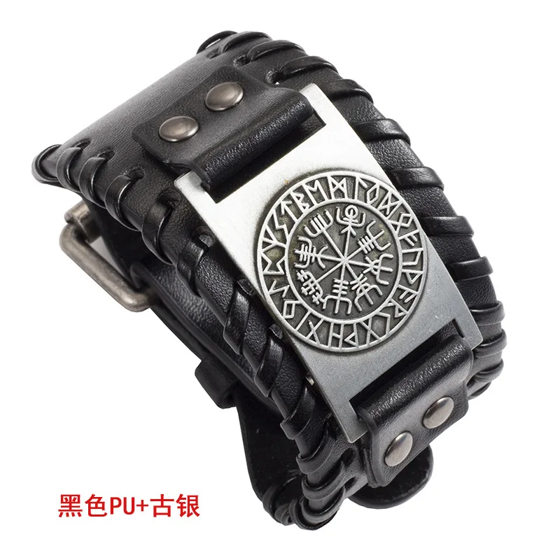 Joyería nórdica Retro Simple para hombre, pulsera de cuero con brújula vikinga, pulsera de runas con símbolo de Odín