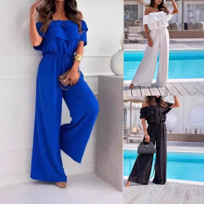 

Jumpsuit, women's wear, ladies' pants, spring best-seller women's wear, one-piece neckline pure color waist-hugging jumpsuit