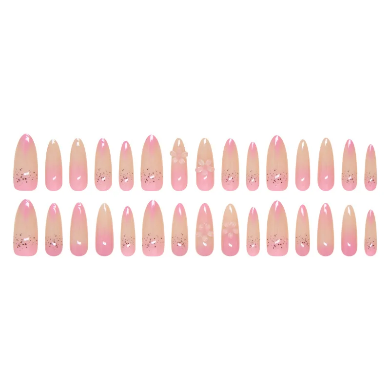 Unhas Longas Apontadas Com Blush, Dicas De Unhas Falsas, Cobertura Completa, Dicas Brilhantes, Flor De Pêssego 3D, Pressione Nas Unhas, Manicure Vestível, 24PCs