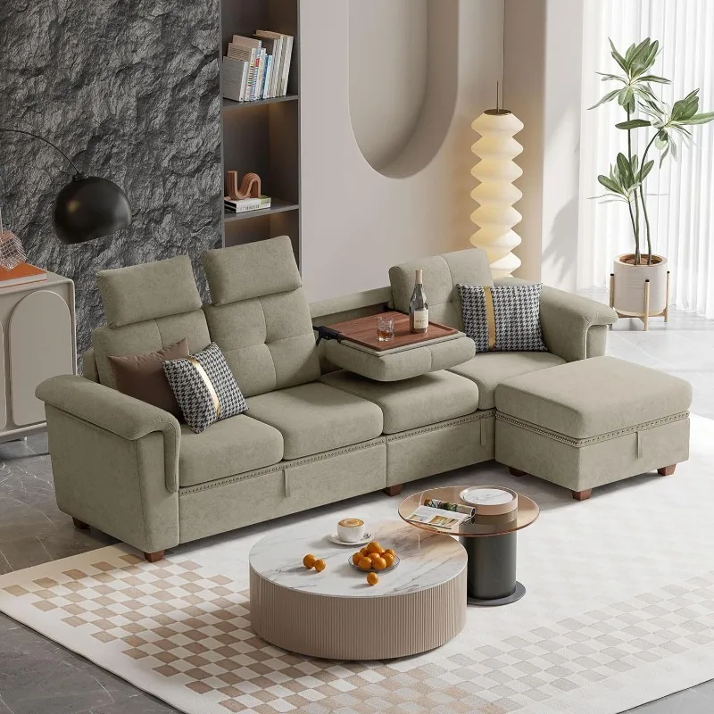 Convertible Sectional Sofa with Storage, 4 Seat L Shaped Couch with Chaise and Cup Holder, Modern Microfiber Fabric Sofas