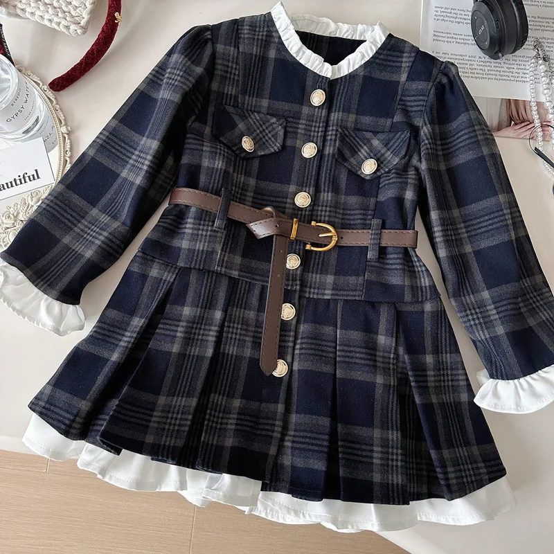 Girls' New Spring and Autumn Long-Sleeve Stylish Plaid Stand-Collar Lace Princess Dress
