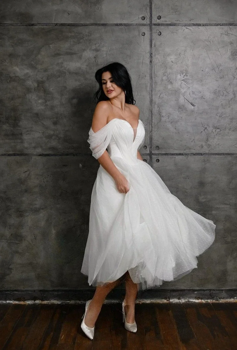 

Beach Wedding Gown Corset Tea Length Short Wedding Dress Off The Shoulder Modest Tulle Bridal Dress Simple Wedding Dress