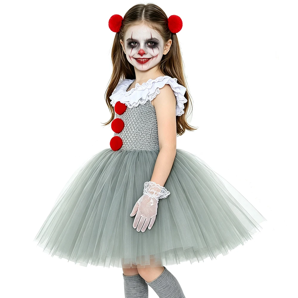 Girls Pennywise Costume Kids Grey Red Horror It Clown Tutu Dress for Girls Halloween Carnival Party Scary Joker Dress Up Clothes