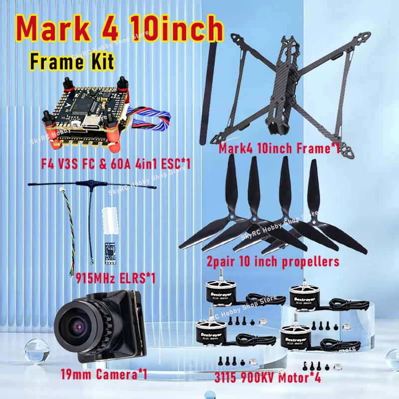 

Mark4 V2 10inch FPV Frame Combo Set F405 V3S FC 60A 4-in-1 ESC 3115 900KV Motor Propeller ELRS for RC FPV Freestyle Racing Drone