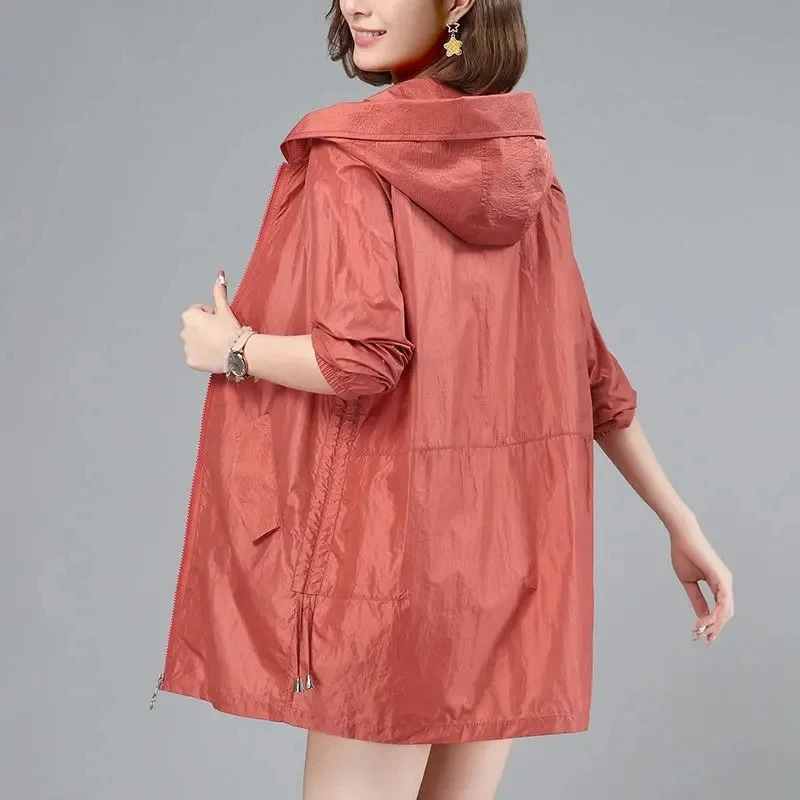 Women Jackets Hooded Summer Sun-proof Zipper Trench Coats Thin Loose See Through Outerwear Breathable Lightweight Clothes
