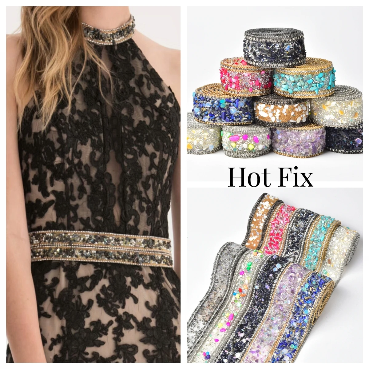 3.5cm Wide Colorful Chain Hot Fix Rhinestone Trim Caviar Beads Tape Diy Clothes Belt Decoration Iron On Applique Accessorie