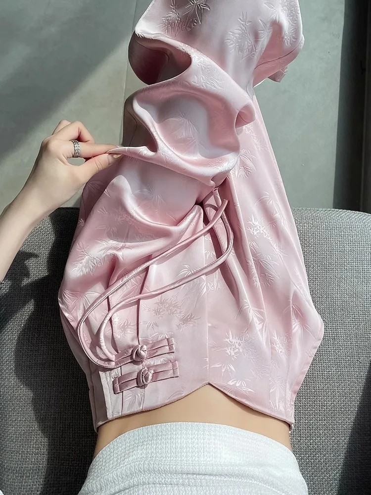 

Pink Embroidered Satin Wide Leg Pants Women's Summer Button Tassel High Waist Slim Straight Long Casual Trousers