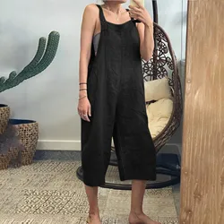 Solid Color Women Loose Cotton Linen Jumpsuit Sleeveless Harem Overalls Jumpsuits Loose Vintage Pants Femme Clothes