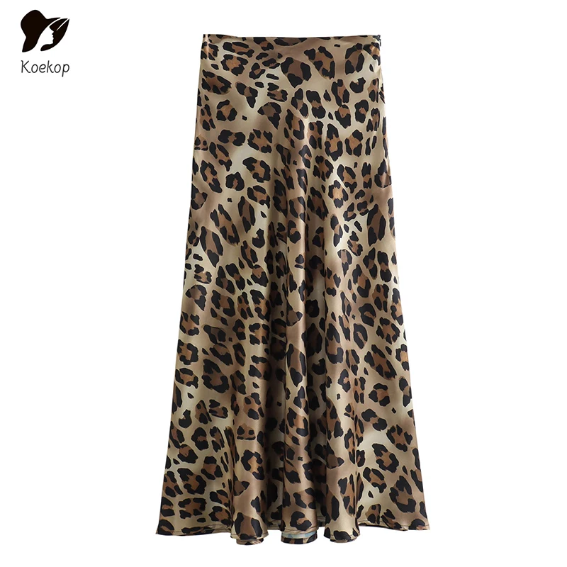Koekop خريف خمر تنورة الساتان امرأة التنانير الأنيقة ليوبارد طباعة المرأة ميدي تنورة عالية الخصر أنيق التنانير الطويلة للنساء