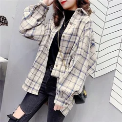 Awen Plaid Shirts Womens Blouses And Tops Long Sleeve loose oversized Female Casual Shirts Korean Cotton Checked Lady Outwear