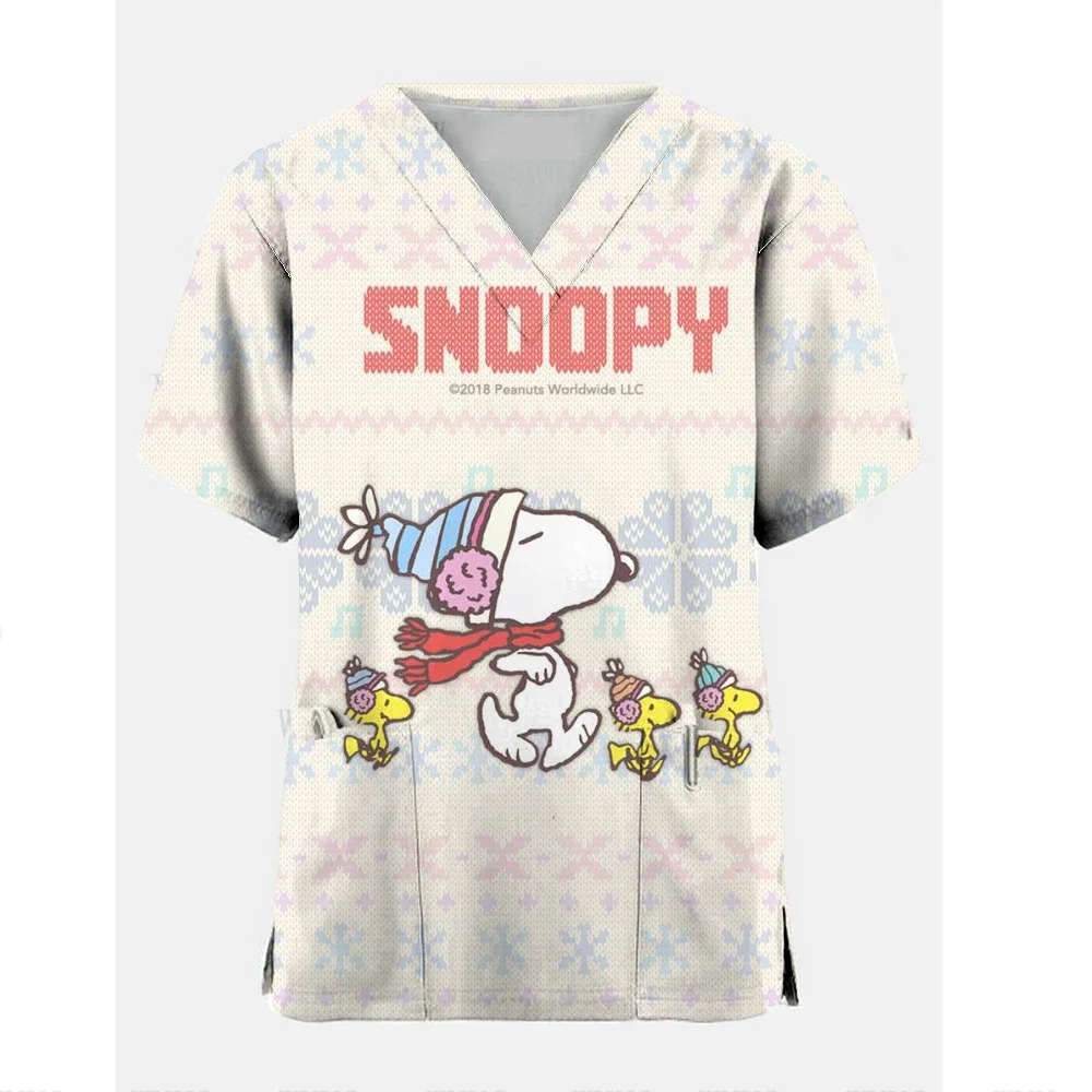 Women TShirt ScrubTop With V-neck Snoopy Cartoon Scrub Uniforms Thin Nurse Tops For Women Short Sleeve Tunic Man Women Clothes