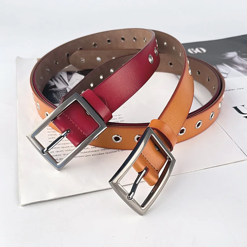 Punk Hollow-out Rivets Women's Belt Genuine Cowhide Korean Style Versatile Extended Fashion Belt