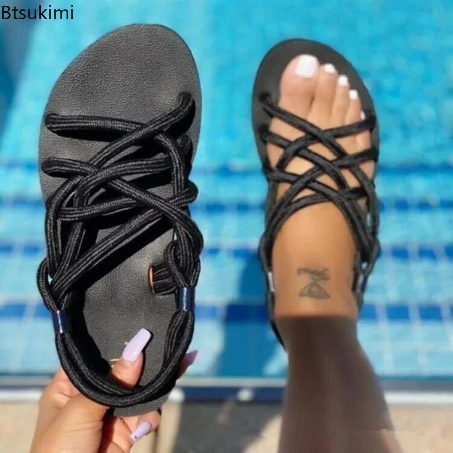 Sandal wanita musim panas ukuran besar, sandal pantai wanita, sepatu kasual luar ruangan, Sandal selop tali rami datar, sandal modis, ukuran besar