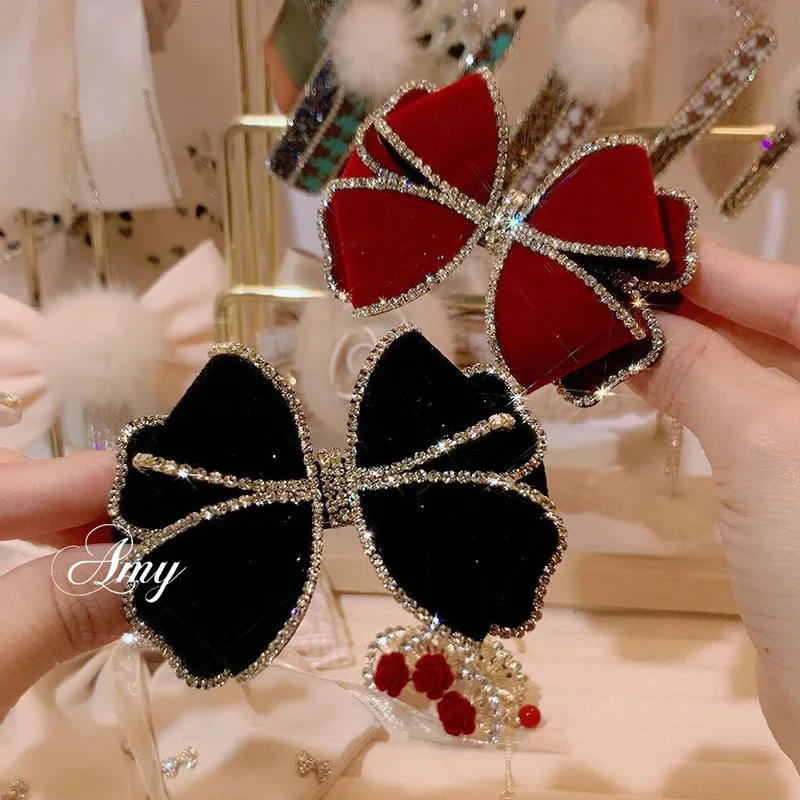 Sparkling Rhinestone Velvet Bow Hair Clip Women's Back Head Spoon One line HairClip Top Clip Temperament Red Clip Headpiece