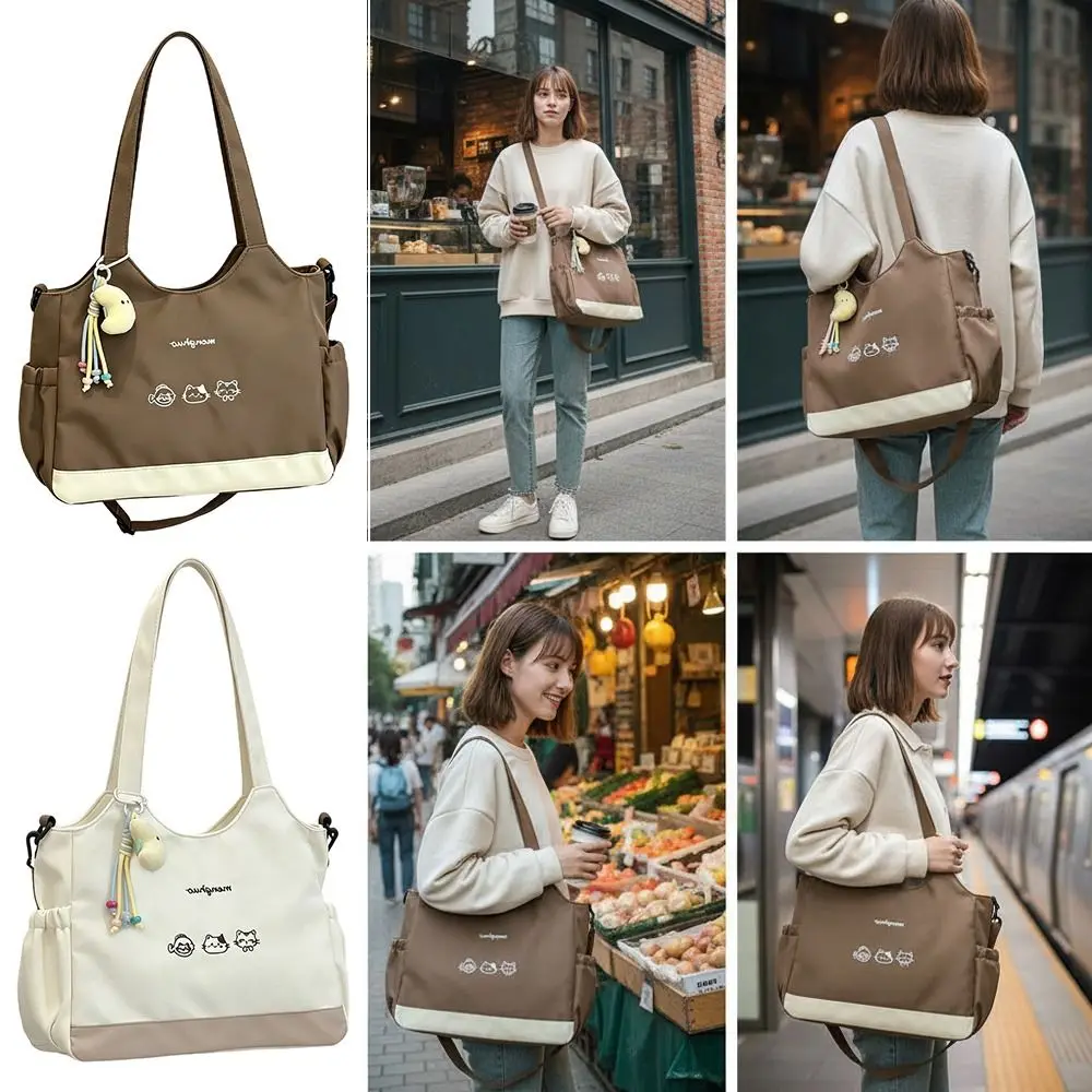 Large Capacity Tote Bag Soft Cotton Strap Zipper Closure Crossbody Bag Simple Style Canvas Material Shoulder Bag College Student