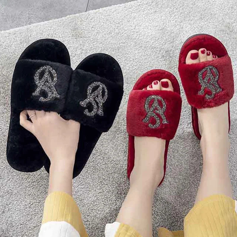 Fashion Rhinestone Design Elegent Women Home Flat Slippers Sexy Open Toe Slides Fur Warm Non-slip Leisure Interior Female Shoes