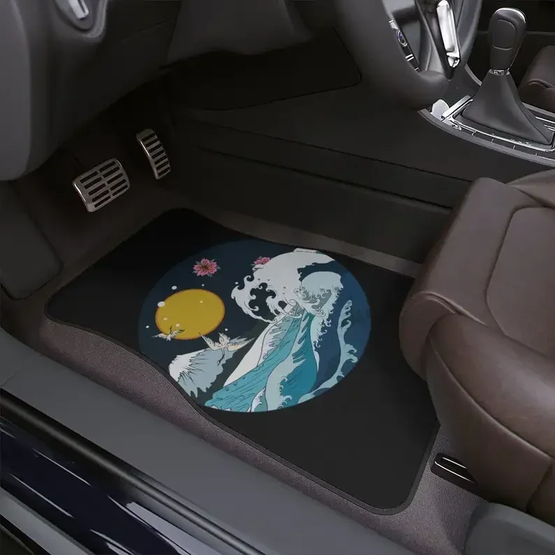 Vaporwave car floor mat, the great wave off kanagawa, cute car accessories for teens, japanese wave, women, colorful,peony,crane