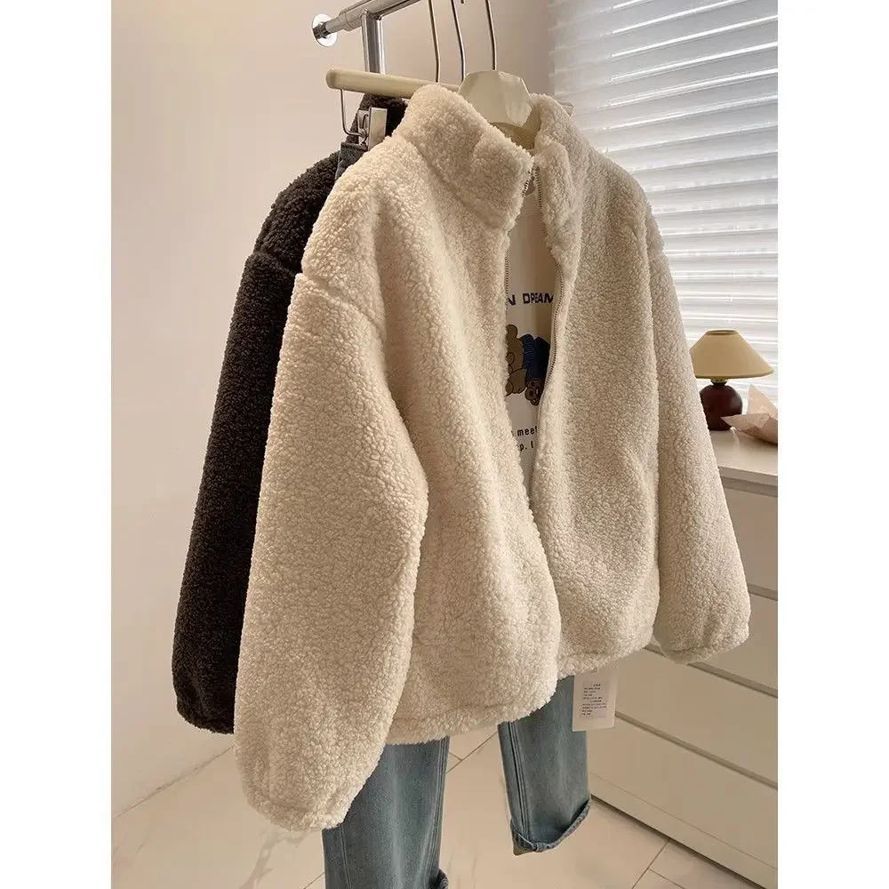 Chaqueta gruesa de piel de cordero con cuello levantado para mujer, abrigo informal con cremallera, prendas de vestir exteriores de invierno, abrigo de piel de oveja sintética de manga larga