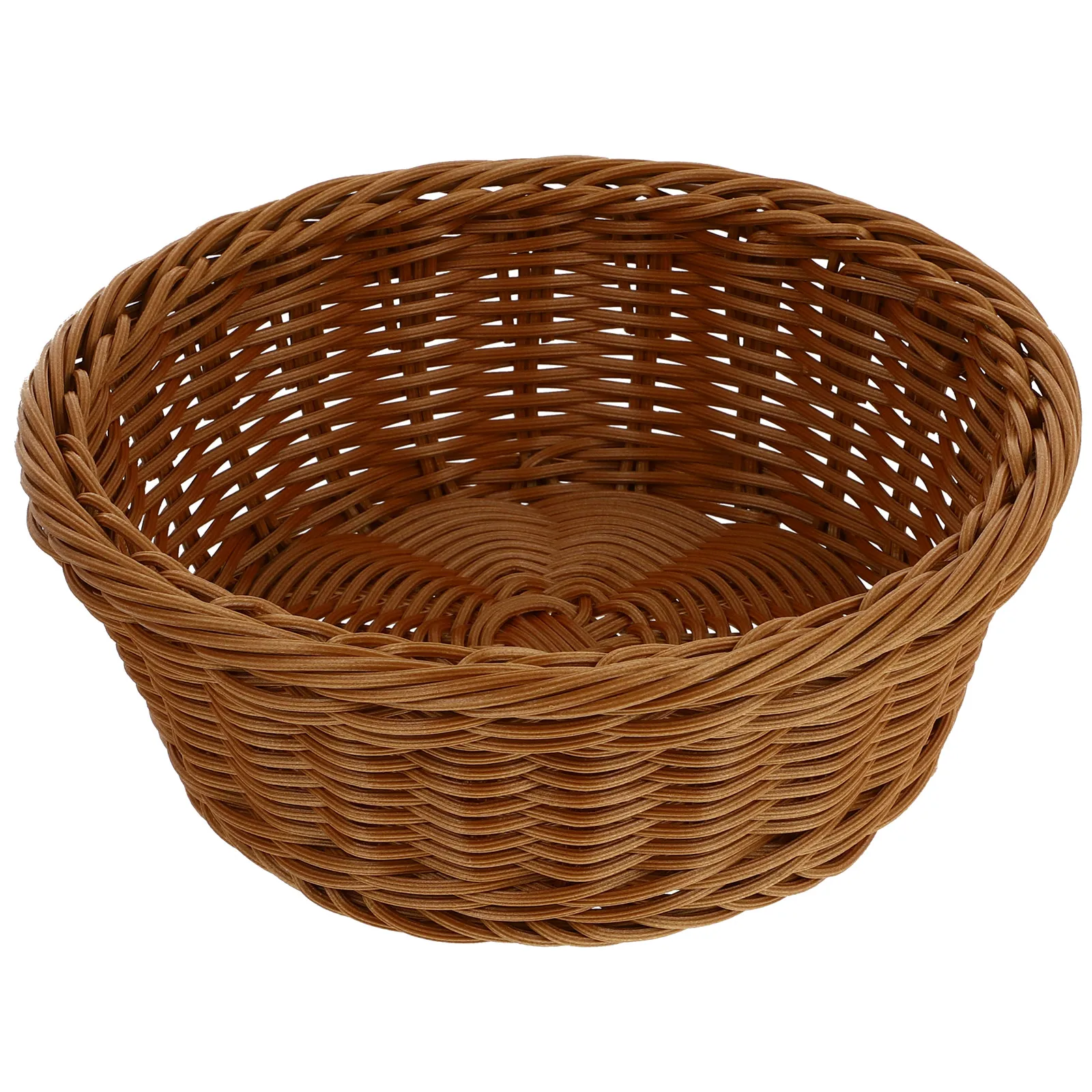 

Round Storage Basket 24cm x 7cm Brown Imitation Rattan Kitchen Pantry Food Container Fruit Snack Holder PP Material
